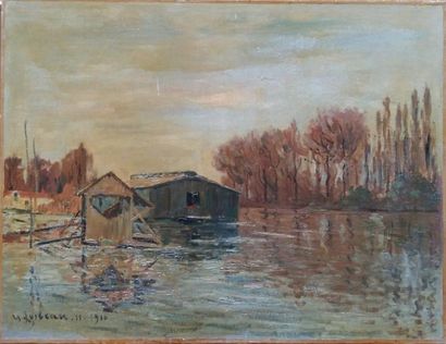 null Gustave LOISEAU (1865-1935) : "Bateau lavoir" HST (50x65) SBG et daté, rentoilé,...