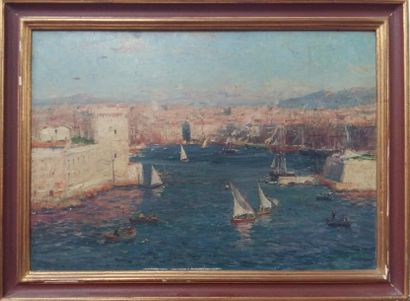 null Jean-Baptiste OLIVE (1848-1936) : "Bâteaux à voile port du Sud" HSP (43x61)...