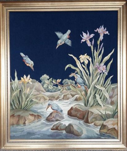 null AUBUSSON, tapisserie "Les martins-pêcheurs" (88x74)