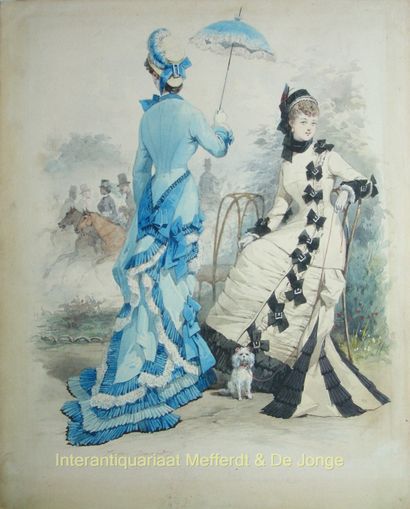Belle Epoque fashion - Jules David, 1877 ELEGANTE DAMES IN HET BOIS DE BOULOGNE Mode... Gazette Drouot