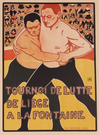 Tournoi de lutte de Liège a la Fontaine - Armand Rassenfosse, 1895-1900 “Tournoi... Gazette Drouot