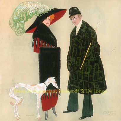 Jugendstil - Leo Rauth, 1911 Windhund, sjabloongekleurde Jugendstil lithografie van... Gazette Drouot