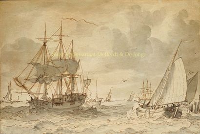 Ships in an estuary - Gerrit Groenewegen, c. 1800 Tekening met pen en bruine en grijs... Gazette Drouot