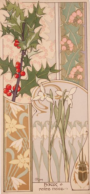 Art Nouveau holly and snowdrop - Georges Riom, ca. 1900 “Houx et perce neige” hulst... Gazette Drouot