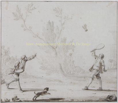 Badminton - Johann Heinrich Keller, 1743 Het Pluimspel, tekening met gewassen inkt... Gazette Drouot