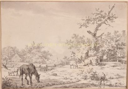 Landscape with cattle - Jacob Cats, 1799 Landschap met vee tussen boerderijen, in... Gazette Drouot