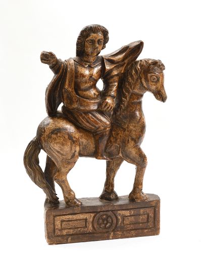 null Saint Martin à cheval en bois sculpté et polychromé, reposant sur une terrasse...
