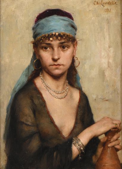 null Charles LANDELLE (1821-1908)
Femme au turban bleu, 1898 
Huile sur panneau 
Signée...