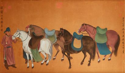 null Cavaliers et leurs chevaux
Peinture sur tissu marouflé sur soie
Caractères asiatiques...