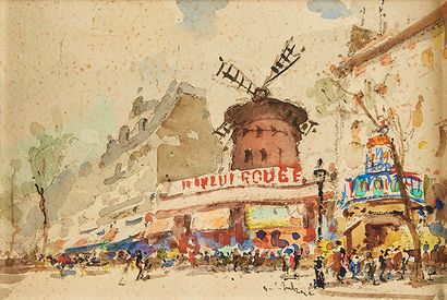 null Giulio FALZONI (1900-1979) 
La place de la Madeleine et le Moulin Rouge 
Paire...