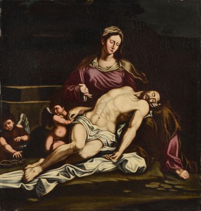 null École XVIIème siècle, suiveur de CARRACHE 
Pietà, 
Huile sur toile, 
65,5 x...