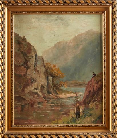 null J. JOLINON (XXème siècle) 
Scène de pêche dans un paysage montagneux
Signée...