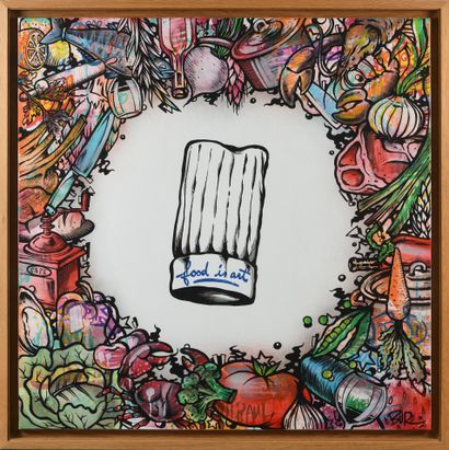 null BUR
Food is Art, 2019 
Acrylique, spray et marqueur sur toile 
Signée "Bur"...