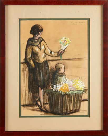 null Georges TOURNON (1895-1961)
La vendeuse de fleurs et son enfant, 1931 
Fusain,...