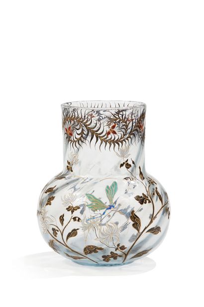 Emile Gallé - Vase Cristallerie Libellule Et Chrysanthèmes