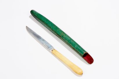 Couteau manche en os dans son écrin de galuchat vert Bone handle knife in green stingray...