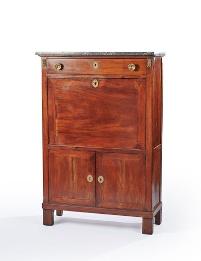 Secrétaire Secretary desk in mahogany veneer, grey marble top, opening to a drawer...