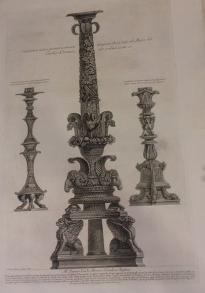 null Giovanni Battista PIRANESI (1720-1778) Trois candélabres. Planche de la suite...