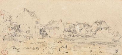 null Paul HUET (Paris 1803-1869) 
Paysage avec village 
Crayon noir et rehauts de...