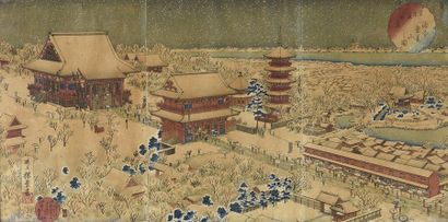 JAPON - Epoque MEIJI (1868-1912) Estampe en triptyque représentant la cité du temple...
