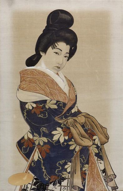 JAPON - Époque TAISHO (1912-1926) Geisha la tête inclinée
Aquarelle sur tissu
H....