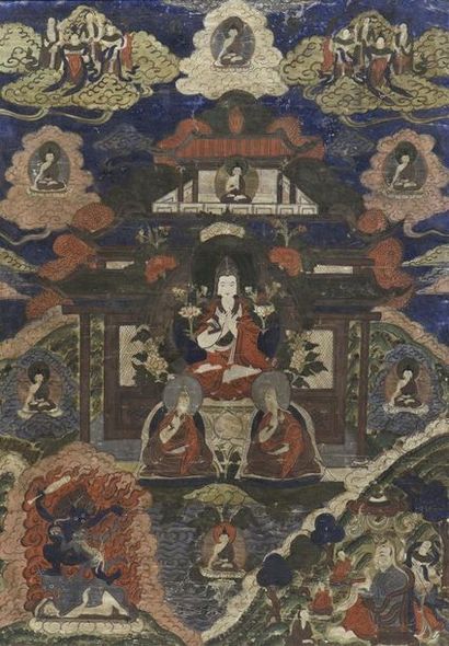 TIBET - XVIIIe siècle Deux Tangka, à décor sur fond bleu turquoise de divinités bouddhiques...