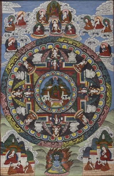 TIBET - XXe siècle Tangka, peinture sur tissu, à sujet d'un Bouddha entouré de disciples
H....