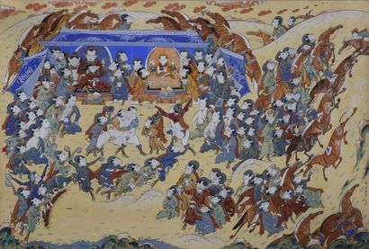 TIBET - XXe siècle Tangka, peinture sur toile à sujet de lutteurs et d'une course...