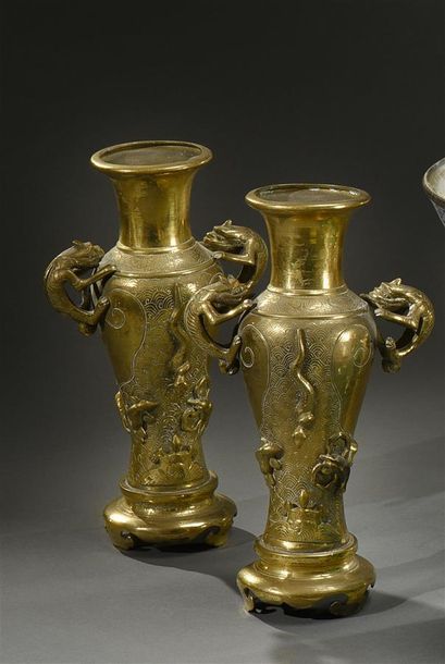 CHINE DU SUD - XIXe siècle Paire de vases en bronze doré, à décor de serpents, poissons,...