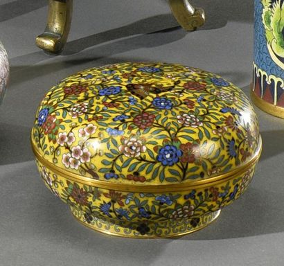 CHINE - Vers 1900 Petite boîte ronde en émaux cloisonné, à décor d'un papillon parmi...