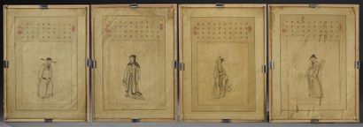 CHINE - XIXe siècle Lot de quatre dessins aquarellés sur papier, représentant des...