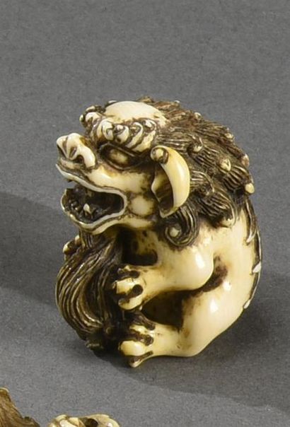 JAPON - Epoque MEIJI (1868-1912) * Petit Netsuke en ivoire à sujet d'un chien de...