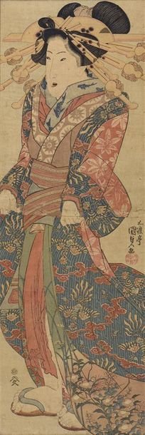 JAPON - Époque EDO (1603-1868) Deux estampes doubles Oban tate-e, l'une à sujet d'une...
