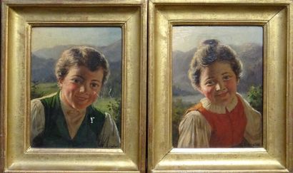 null Ecole ALLEMANDE du XIXe siècle Portrait de jeune garçon et fillette souriant...