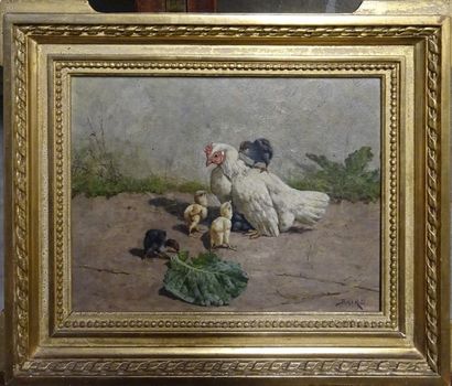 null William Baptiste BAIRD (1847-1917) Poules et ses poussins Huile sur toile, signée...