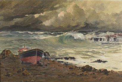 null Eugène DESHAYES (1862/68-1939) La vague Huile sur toile signée en bas à droite....