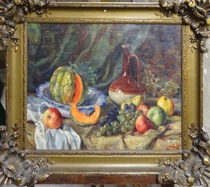 null Ennemond DREVET (1886-?) Nature morte au melon Huile sur toile signée en bas...