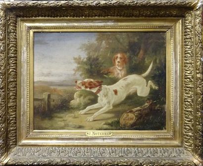 null Zacharie NOTERMAN (c.1820-1890) Chiens poursuivant un lièvre Huile sur panneau...