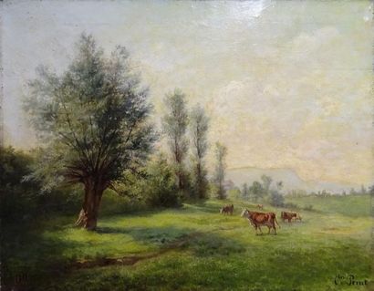 null Charles PERRET (?-1911) Troupeau de vaches Huile sur toile signée en bas à droite...