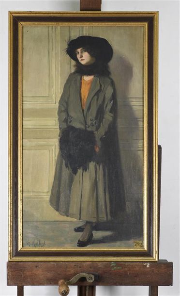 null A. MALBERT (Début du XXe siècle) Portrait de femme en pied Huile sur toile signée...