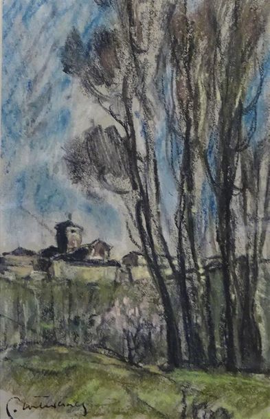 null Pierre COMBET-DESCOMBES (1885-1966) Paysage boisé Pastel sur papier, cachet...