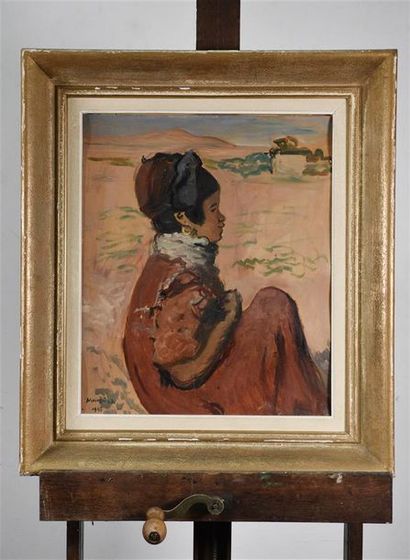 null Lucien MAINSSIEUX (1885-1958) Portrait de femme orientaliste Huile sur carton...