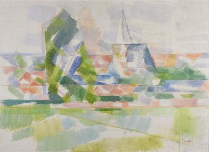 null Daniel RAVEL (1915-2002) Village cubiste Aquarelle et huile sur toile, signée...