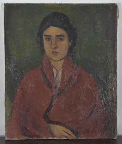null Suzanne RUETSCH (1902-2003) Portrait de femme au manteau rouge Huile sur toile...