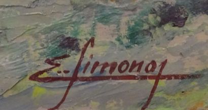 null Émile SIMONOT (1893-1977) Grands arbres au bord du lac Huile sur panneau, signée...