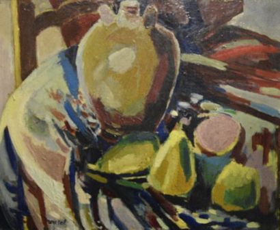 null René TEIL (1910-1985) Le pichet de grès Huile sur toile signée en bas à gauche,...