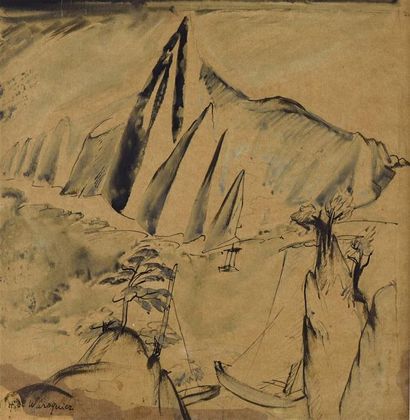 null Henri de WAROQUIER (1881-1970) Paysage d'Asie Dessin à la plume et au lavis...