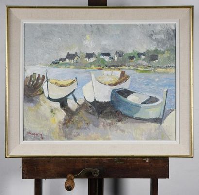 null Alain DUPERAY (Né en 1949) "Les bateaux" Paysage de Bretagne en bord de mer...