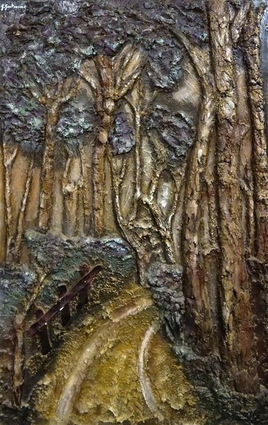 null Gilbert GANTEAUME (né en 1932) Route bordée d'arbres Technique mixte sur panneau,...