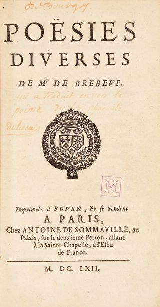 BREBEUF (M. de) Poésies diverses.
Paris, Sommaville, 1662.
Petit in-12 de [6]-304...